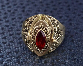 Garnet Marquise Cabochon Poison Ring Gold Plated Medieval Revival