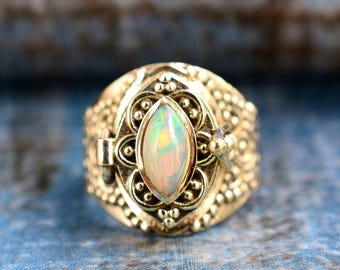 Ethiopian Opal Marquise Cabochon Poison Ring Gold Plated Medieval Revival