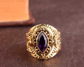 Bague empoisonnée avec compartiment en or améthyste violette Bague secrète vintage marquise européenne