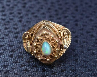Opal Gold Poison Ring, Teardrop White Opal Victorian Revival Secret Compartment Ring