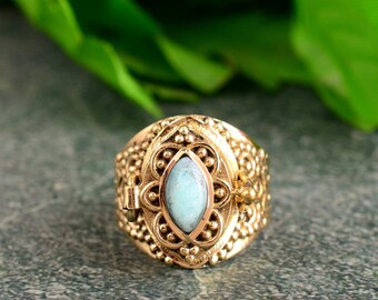 Bague en or aigue-marine, large bande d'inspiration vintage cabochon marquise, cadeau bijou artisanal pour elle