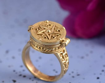 Vintage Pentagram Poison Ring Gold Vermeil Celtic Revival with Secret Compartment