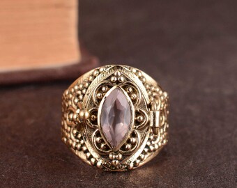 Bague empoisonnée vintage avec compartiment or, quartz rose, bague secrète européenne marquise