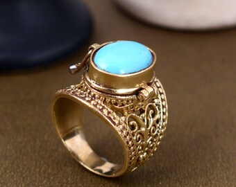 Bague empoisonnée vintage bleu turquoise avec compartiment en or, bague secrète ovale européenne