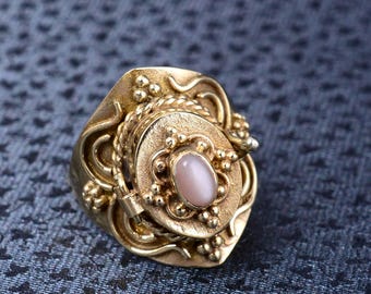 Rose Quartz Gold Poison Ring, Oval Pink Quartz Victorian Style Secret Compartment Ring