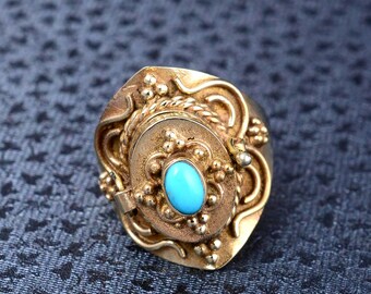 Bague empoisonnée vintage belle au bois dormant turquoise avec compartiment en or, bague secrète ovale européenne