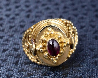 Garnet Red Poison Ring, Oval Garnet Gold Vintage Style Secret Compartment Ring