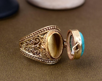 Turquoise Cabochon Poison Ring Gold Plated Filigree Medieval Revival