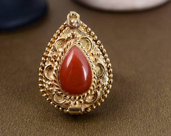 Bague empoisonnée en cornaline rouge avec compartiment en or, bague secrète européenne vintage en forme de larme
