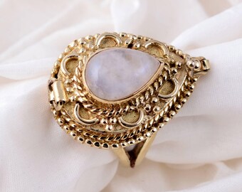 Bague empoisonnée avec compartiment en or avec pierre de lune blanche, bague secrète européenne vintage en forme de larme