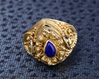 Lapis Lazuli Gold Poison Ring, Teardrop Blue Lapis Victorian Secret Compartment Ring