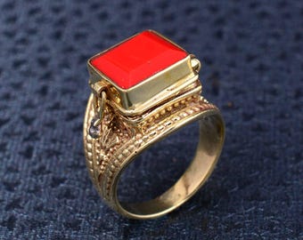 Red Onyx Square Cabochon Poison Ring Gold Plated Medieval Revival