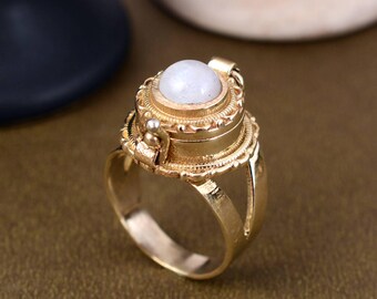 Bague empoisonnée vintage avec compartiment en or avec pierre de lune blanche, bague secrète ronde européenne vintage