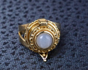Moonstone Gold Poison Ring, Round White Moonstone Victorian Style Secret Compartment Ring