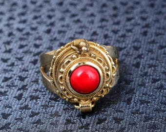 Red Coral Gold Poison Ring, Round Coral Victorian Style Secret Compartment Ring