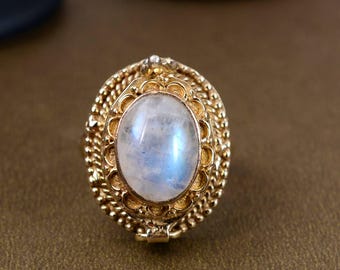 Bague empoisonnée vintage avec pierre de lune blanche et compartiment en or, bague secrète ovale européenne vintage