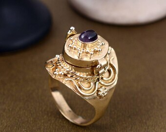 Bague poison vintage avec compartiment en améthyste violette, boîte à secrets européenne