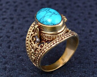 Sleeping Beauty Turquoise Cabochon Poison Ring Gold Plated Medieval Revival