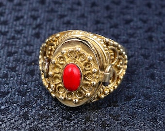 Coral Cabochon Poison Ring Gold Plated Medieval Revival Design