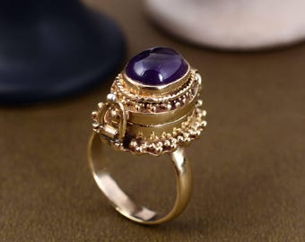 Bague empoisonnée vintage en améthyste violette avec compartiment en or, bague secrète ovale européenne vintage