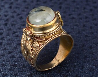 Bague empoisonnée vintage en agate bleue avec compartiment en dentelle, médaillon secret ovale européen vintage