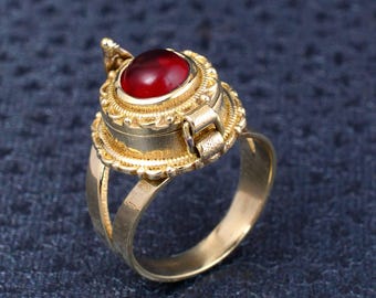 Red Garnet Cabochon Poison Ring Gold Plated Medieval Revival Design