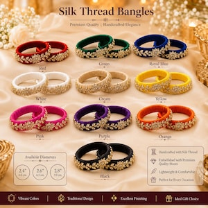 May include: A collection of silk thread bangles in red, green, royal blue, white, cream, yellow, pink, purple, orange, and black. Each bangle features a floral-patterned metal embellishment with clear stones. Available diameters are 2.4, 2.6, and 2.8 inches.