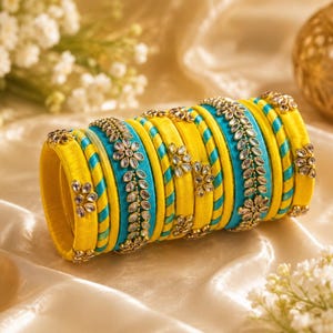 Handcrafted Yellow Sky Blue Silk Thread Bangles, Floral Kundan Work, Indian Bridal Jewelry Set