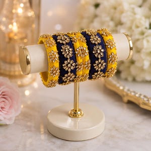 Handmade Silk Thread Kundan Bangles | Yellow Blue Floral Traditional Indian Jewelry