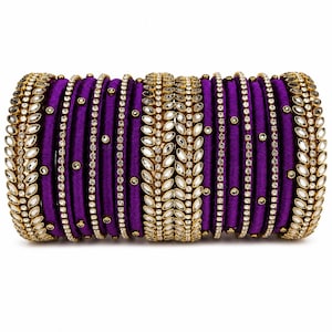 Royal Purple Silk Thread Bangles: Gold Leaf Rhinestone Wedding Jewelry (Set of 12)