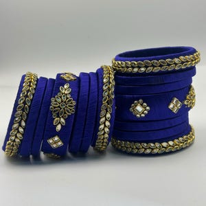 Royal Blue Silk Thread Bangles Set with Stone Work, Fabric Bangle Set, Velvet Finish Wedding Jewelry Indian Bridal Bangle Stack Gift for Her