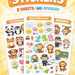 May include: Colorful sticker sheets featuring cute animals, monkeys, and mini icons. The stickers include pandas, penguins, foxes, monkeys, and more. The text reads "SUPER CHARMING! STICKERS" and "2 SHEETS / 60+ STICKERS".