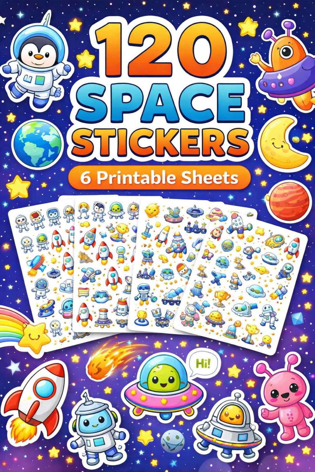 120 Space Stickers Printable, Astronaut Rocket Alien Planet Sheets ...