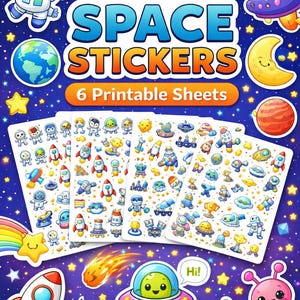 May include: A collection of six printable sticker sheets featuring 120 space-themed stickers. The stickers include rockets, planets, aliens, and astronauts. The background is a dark blue with stars and planets.