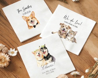 Custom Pet Portrait Napkins, Dog Wedding Beverage Paper