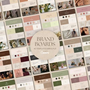Pode incluir: Uma coleção de modelos de quadros de marca com várias paletas de cores, tipografias e layouts. Uma sobreposição circular central exibe o texto BRAND BOARDS 40 TEMPLATES MRR & PLR EDITABLE IN Canva, apresentando recursos de design.