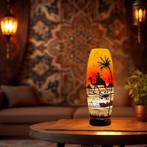 Handmade Multani Camel Skin Lamp - Painted Boho Desert Scene Ambient Light