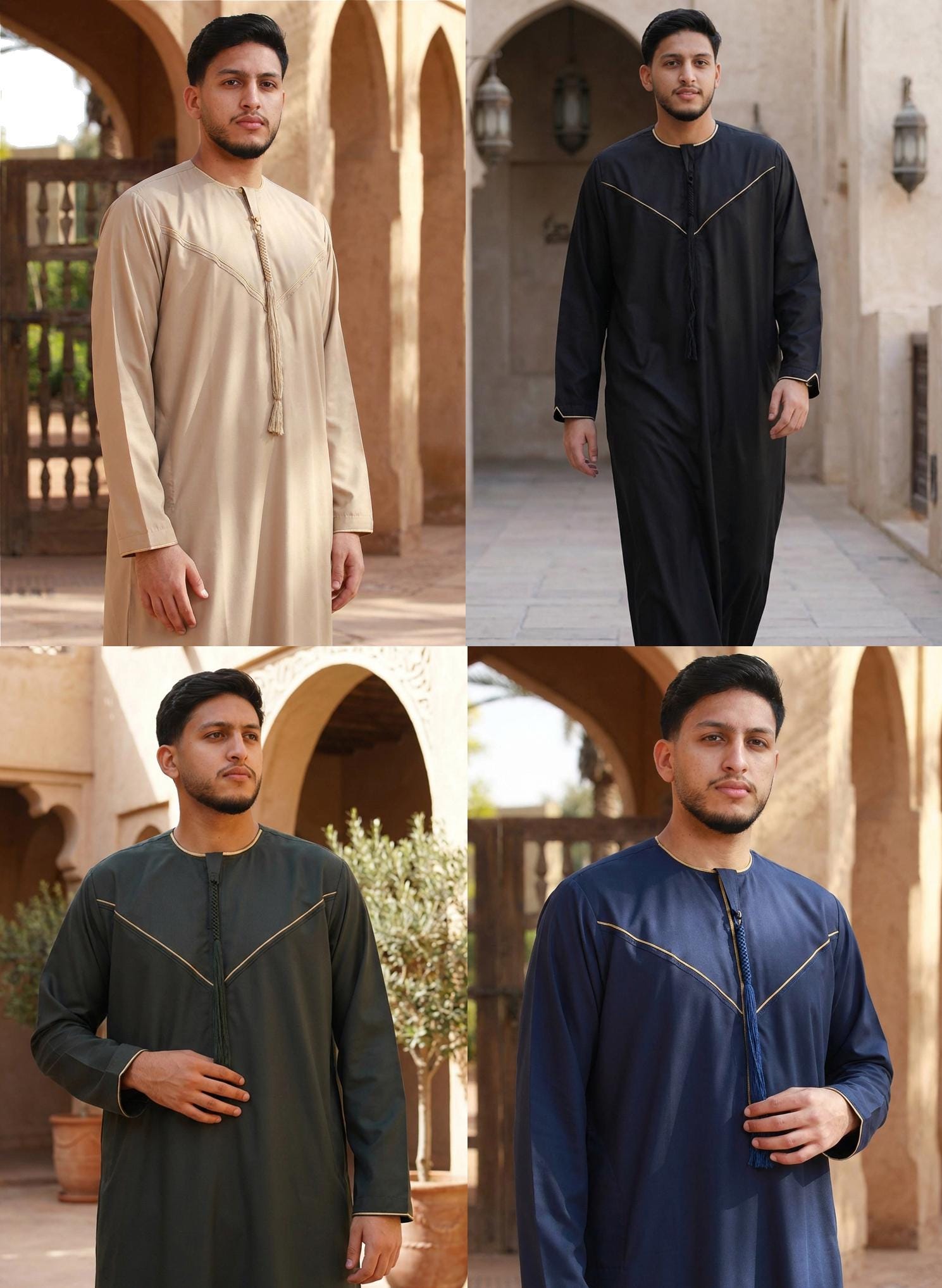 Men's Thobe Emirati Omani Jubba Luxurious Islamic Clothing Muslim Kaftan Eid Robe Arab Gold Embroidery