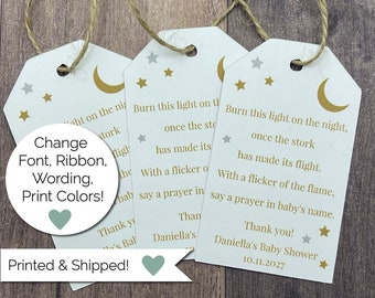 Personalized Burn this Light Shower Tags, Candle Favor Tags, Moon and Stars, Gender Neutral, Baby Prayer Tags, Twinkle Shower Tags, Printed