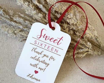 Sweet Sixteen Favor Tags, Custom Favors, Quinceanera, Milestone Celebration, 13th, 40th, 50th, 60th, 75th, printed, personalized, handmade