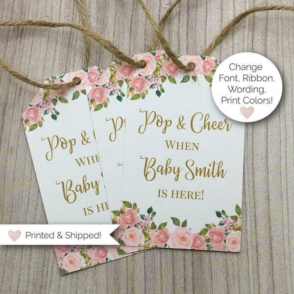 Pop and Cheer Floral Shower Favor Tags, Champagne Favor Tags, Printed Favor Tags, Blush and Gold Watercolor Flowers, Boho Floral Favor Tags