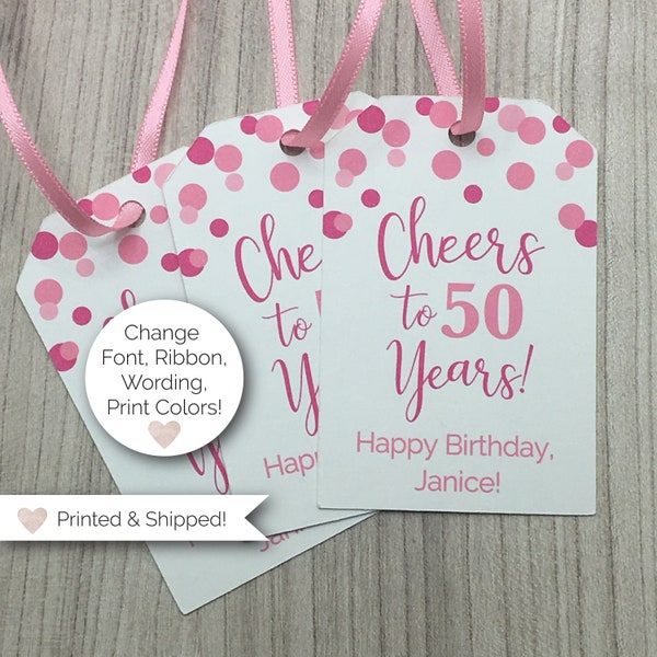 Personalized 50th Birthday Favor Tags, Fifty and Fabulous, Cheers Tags, Pink Confetti Tags, 40th Tags, Bachelorette, Milestone Birthday