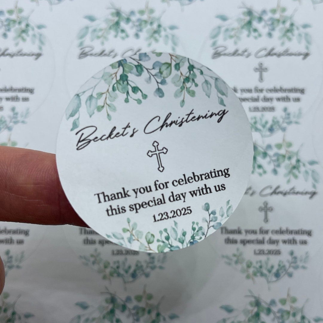 Baptism Favor Sticker With Green Leaves Christening Gender - Etsy