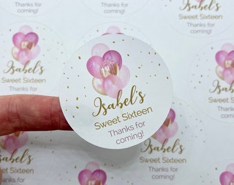 Sweet Sixteen Favor Stickers, Custom Labels for Parties, Teen Party Favor Stickers, Pink and Gold Balloons Stickers