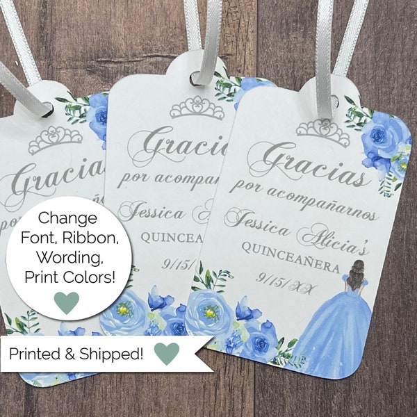 Light Blue Quinceanera Favor Tags, Silver Tiara, Blue Dress and Flowers, Fast Shipping, Handmade
