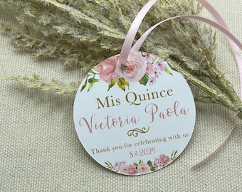 Personalized Quinceanera Favor Tags, Watercolor Flowers Tags, Boho, Vintage, Blush Floral Thank You Tags, Mis Quince, 15 Anos Tags, Birthday
