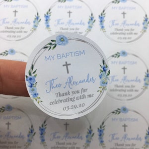 Personalized Baptism Favor Stickers: Blue Floral Wreath, Thank You Labels