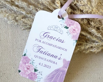 Personalized Quinceanera Favor Tags, Light Purple Flowers, Handmade Thank You Tags, Sweet Sixteen, Princess Party Tags, Tiara, Prom Party