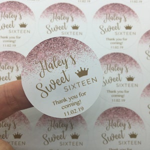 Personalized Crown and Glitter Sweet Sixteen Favor Stickers