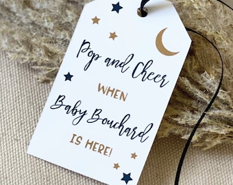 Moon and Stars Pop and Cheer Favor Tags, Personalized, Over the Moon, Champagne Tags, Pop it Tags, Navy and Gold, Printed Shower Tags, Boy
